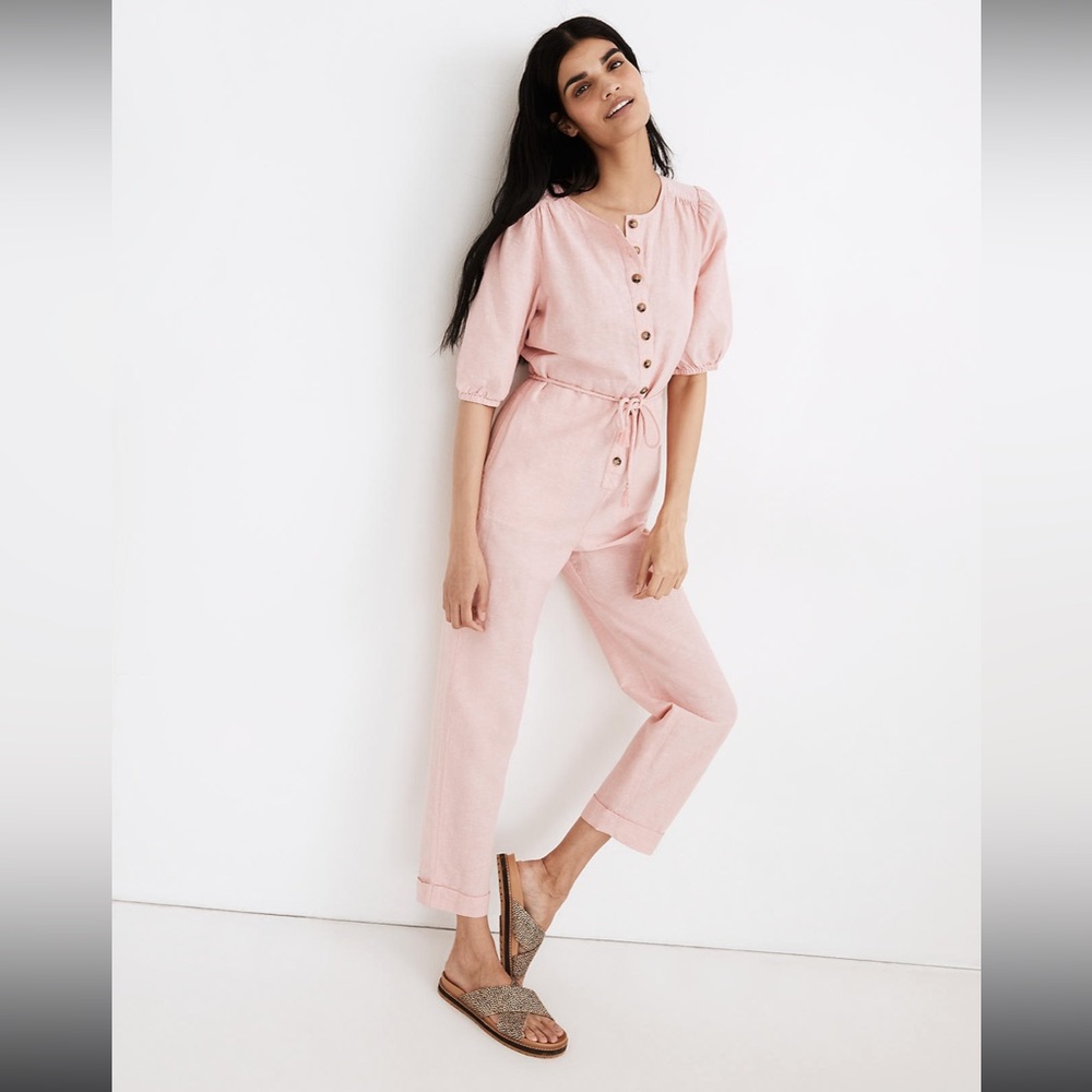 Madewell Linen-Blend Puff-Sleeve Tassel-Tie Jumpsuit